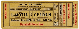1949 Jacob LaMotta Vs. Marcel Cerdan Original Boxing Ticket